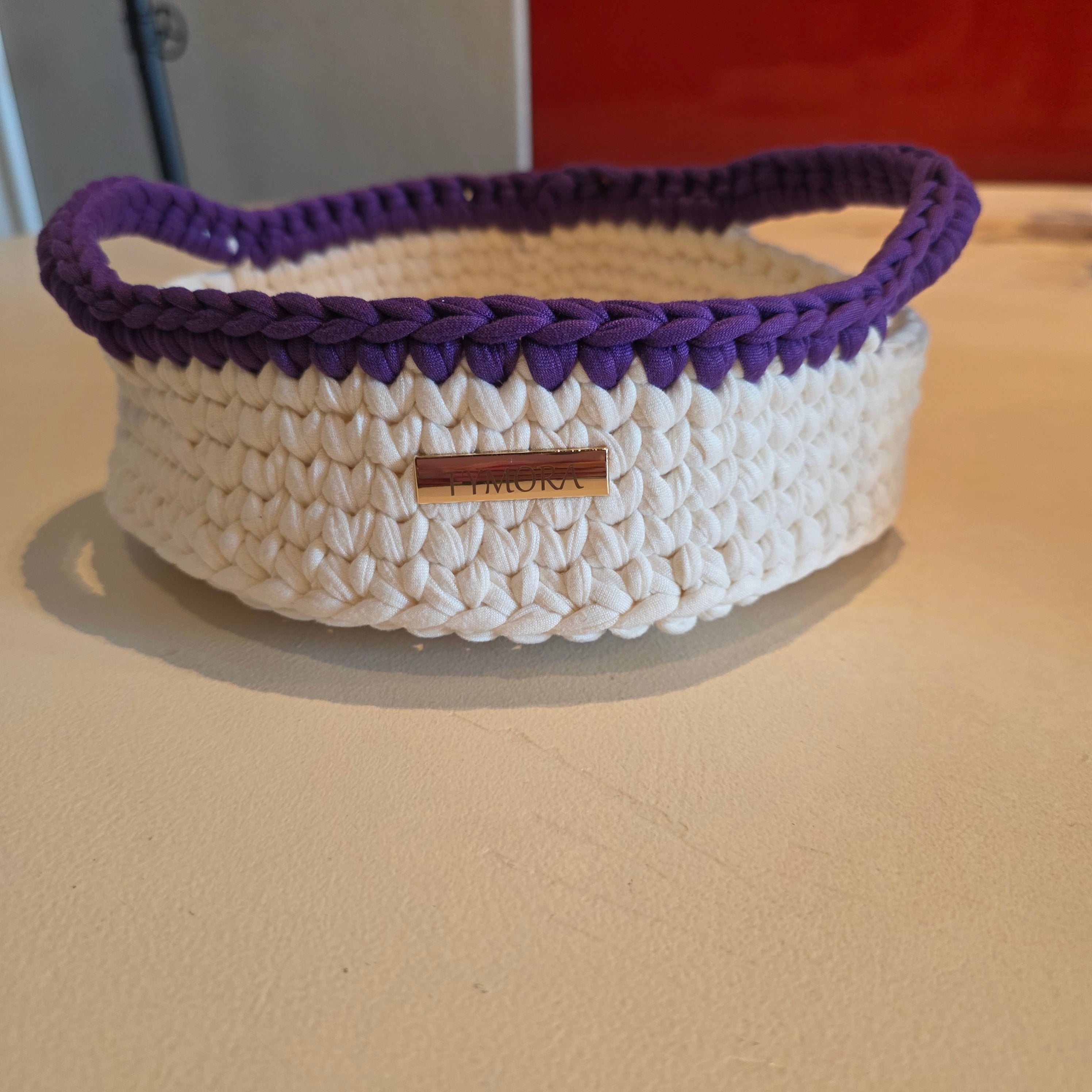 Cestino Organizer Ovale con Manici – Handmade Panna e Viola Scuro