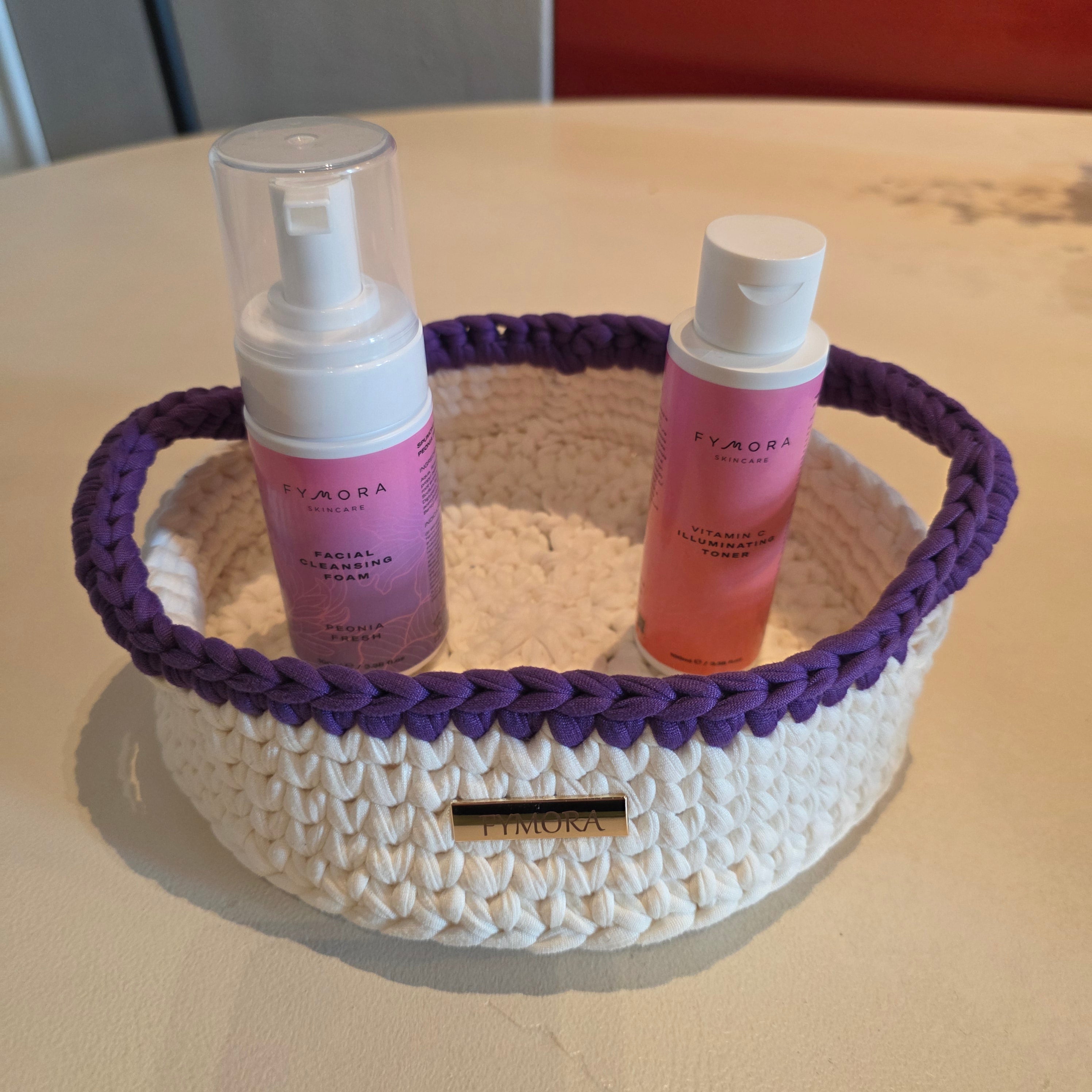 Cestino Organizer Ovale con Manici – Handmade Panna e Viola Scuro