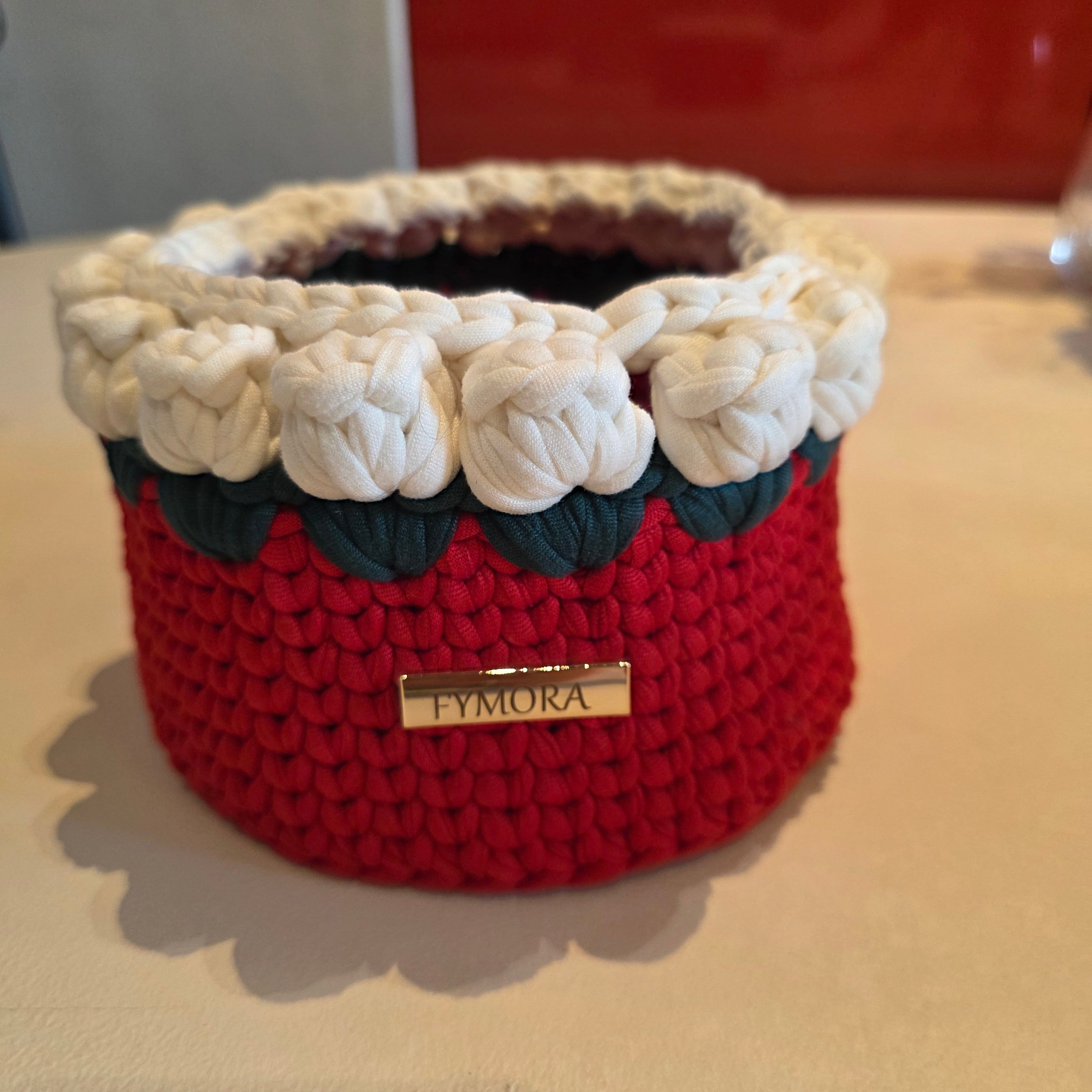 Cestino Organizer "Tulip Garden" – Handmade Rosso e Panna con Bordatura 3D