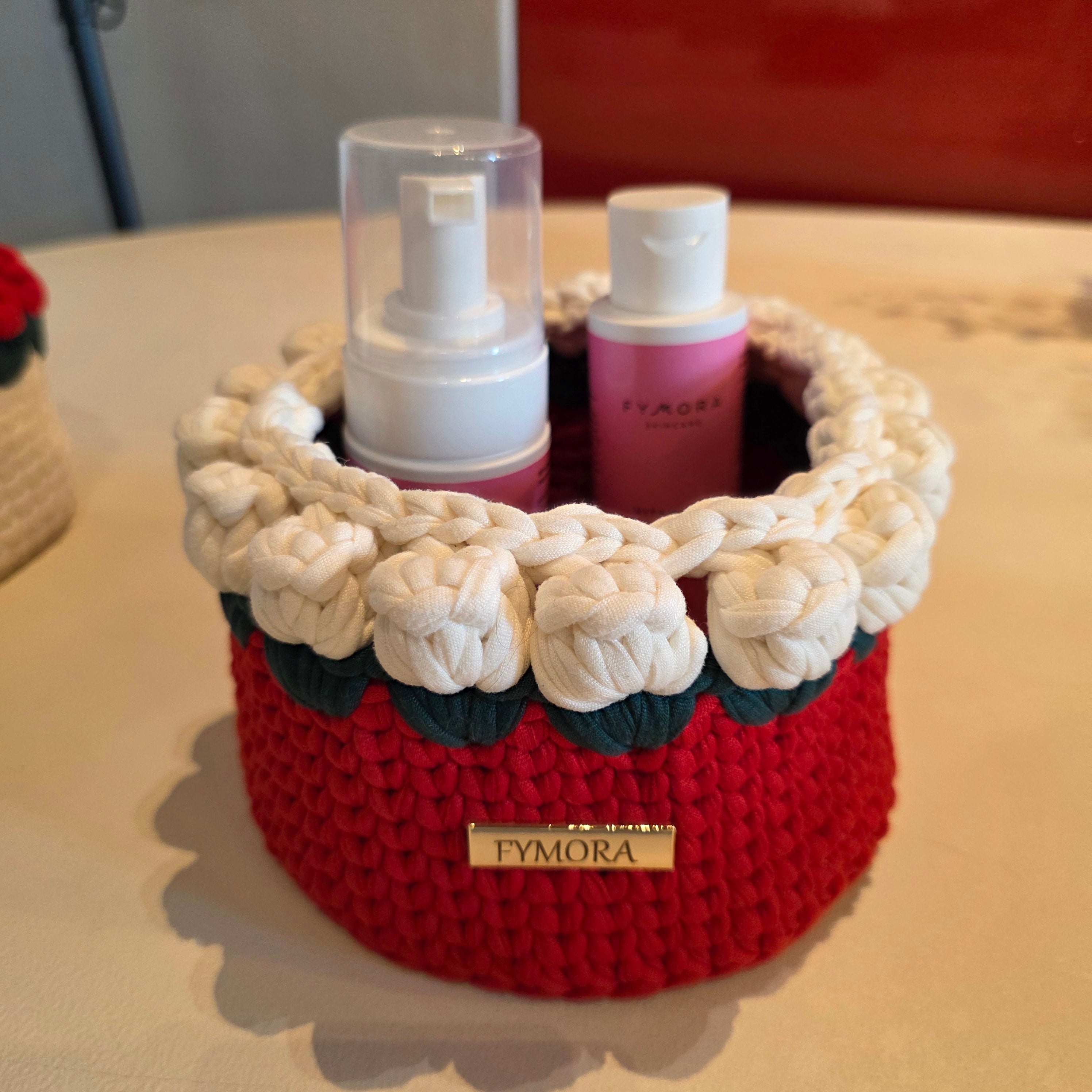 Cestino Organizer "Tulip Garden" – Handmade Rosso e Panna con Bordatura 3D