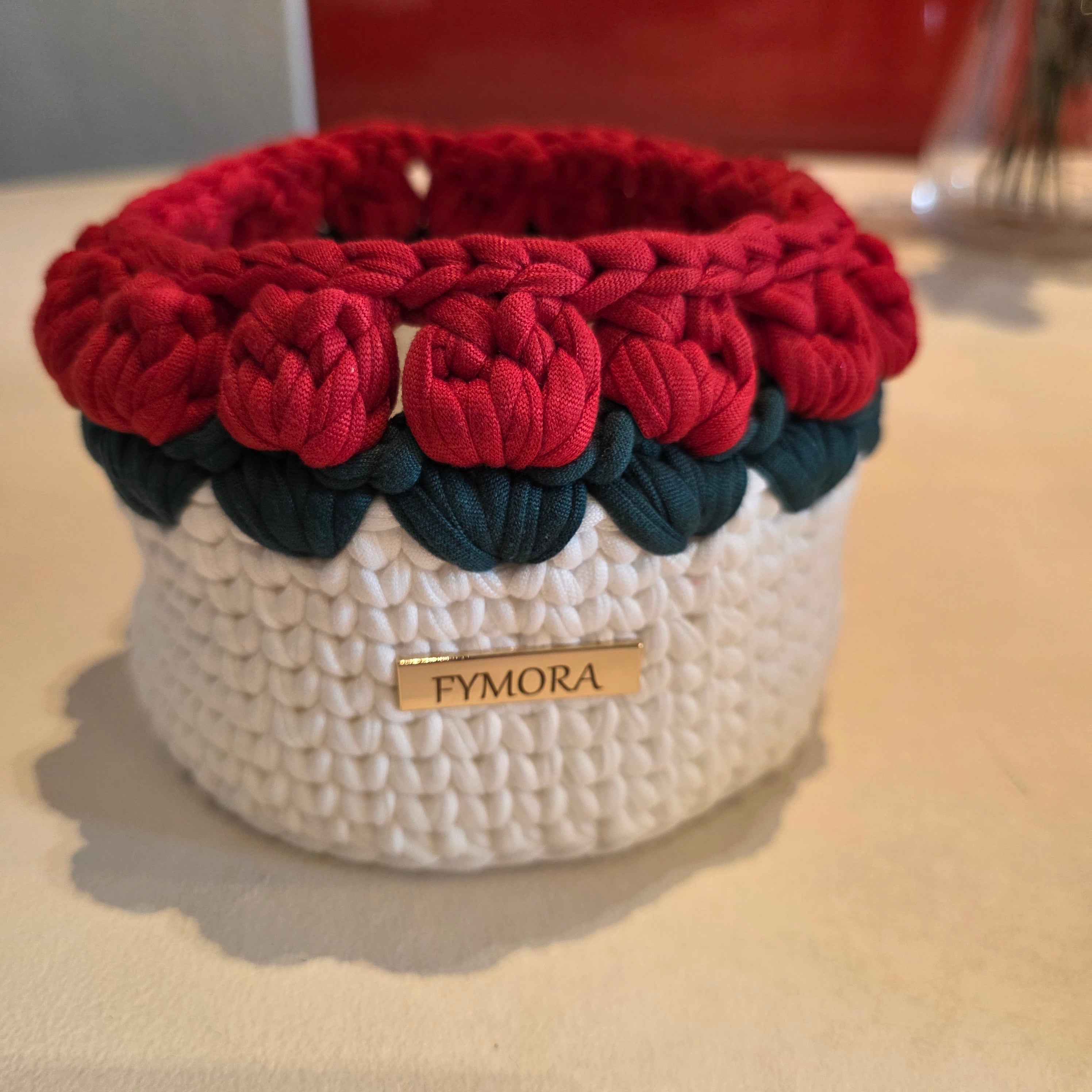 Cestino Organizer "Tulip Garden" – Handmade Panna e Rosso con Bordatura 3D