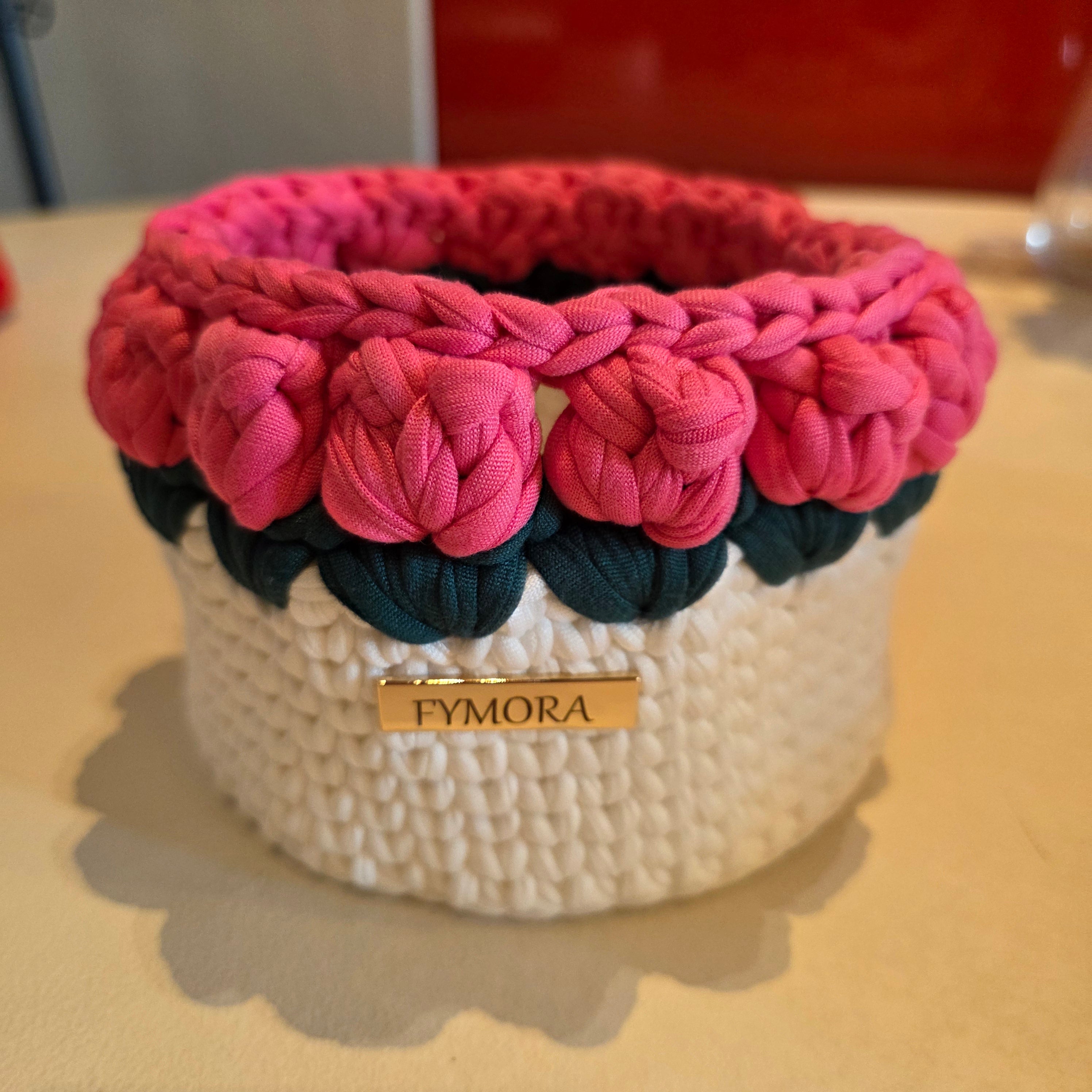 Cestino Organizer "Tulip Garden" – Handmade Panna e Rosa con Bordatura 3D