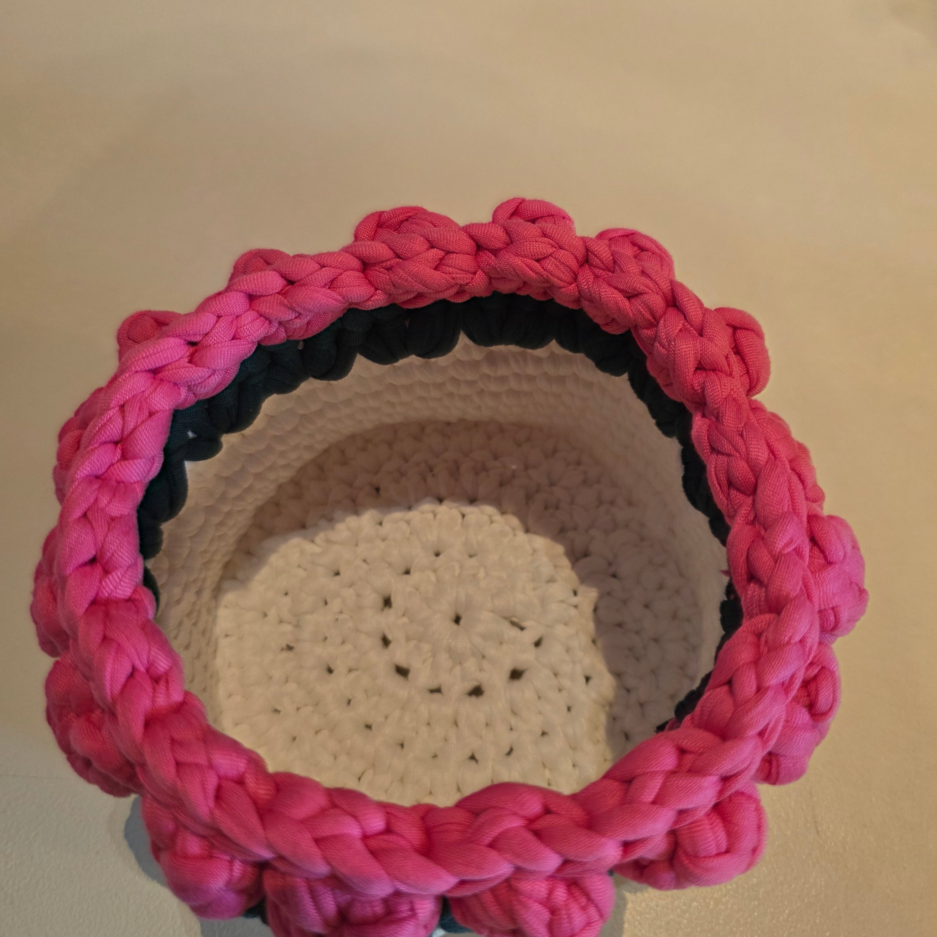 Cestino Organizer "Tulip Garden" – Handmade Panna e Rosa con Bordatura 3D