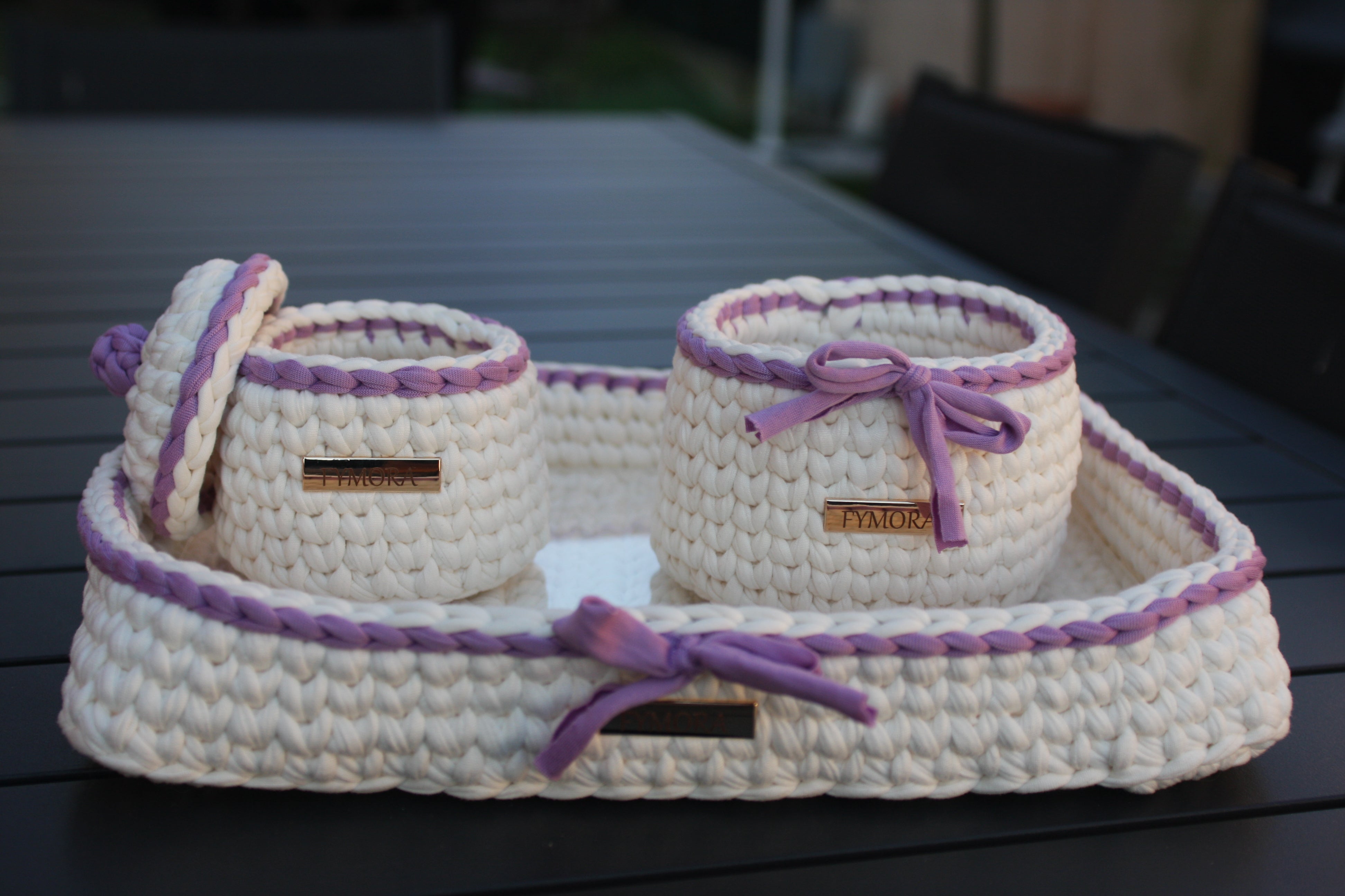 Set Vassoio da Bagno Organizzatore "Fymora Home" – Panna e Glicine (3 Pezzi)