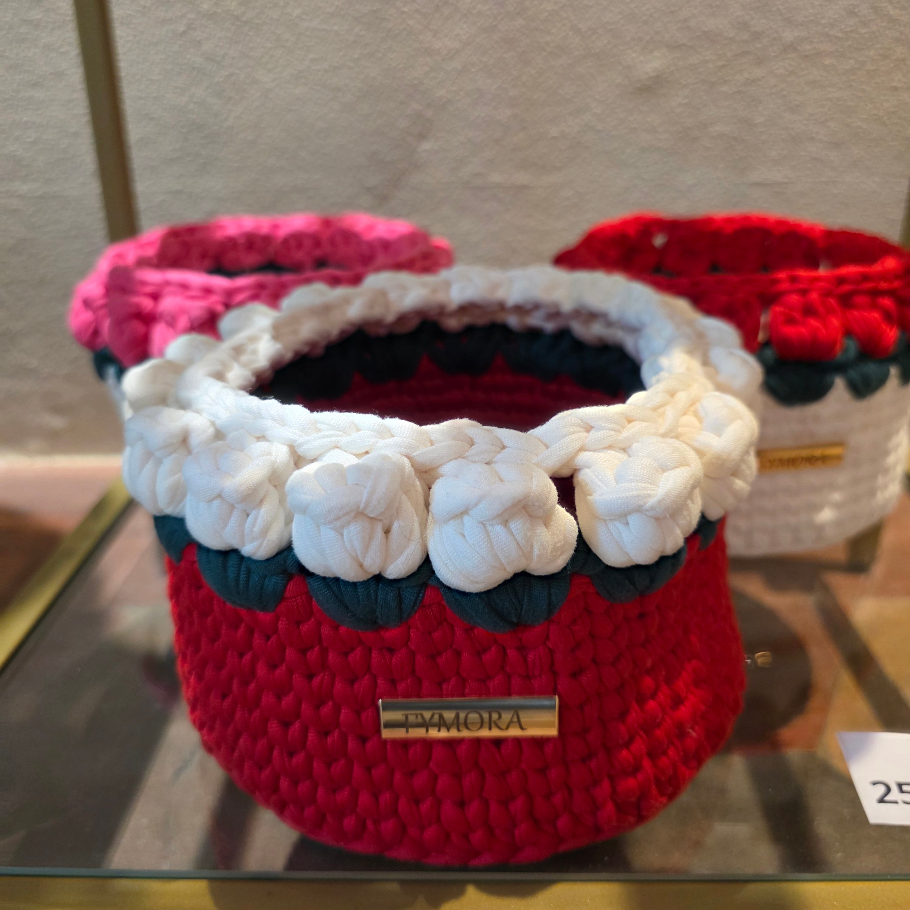 Cestino Organizer "Tulip Garden" – Handmade Rosso e Panna con Bordatura 3D