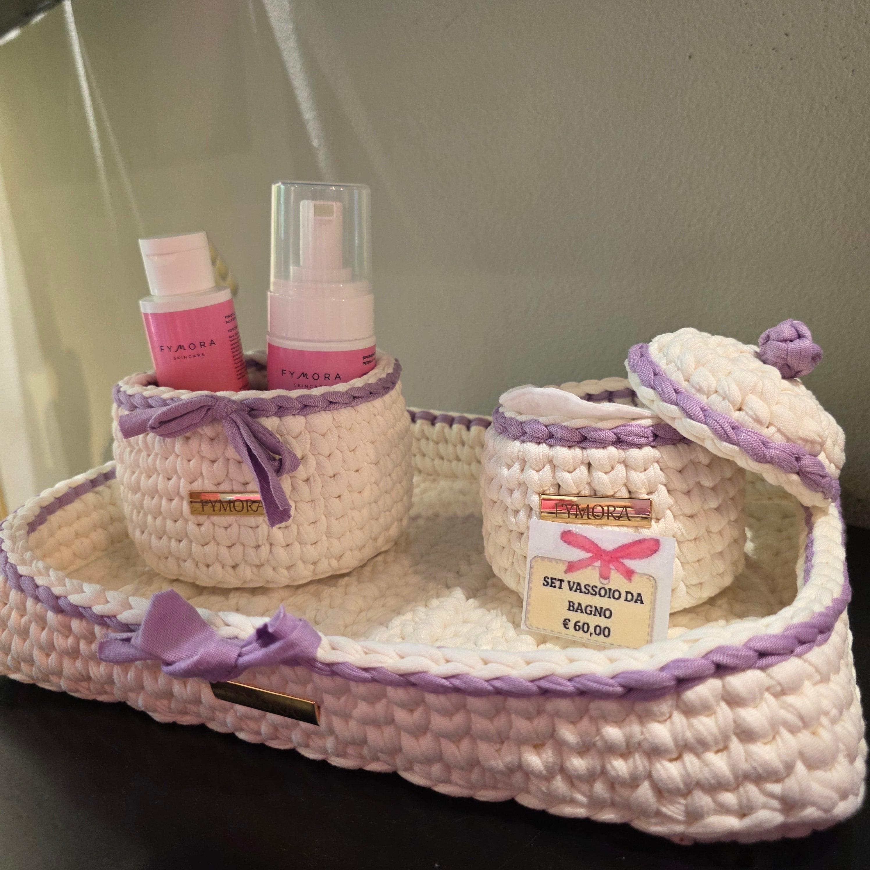 Set Vassoio da Bagno Organizzatore "Fymora Home" – Panna e Glicine (3 Pezzi)