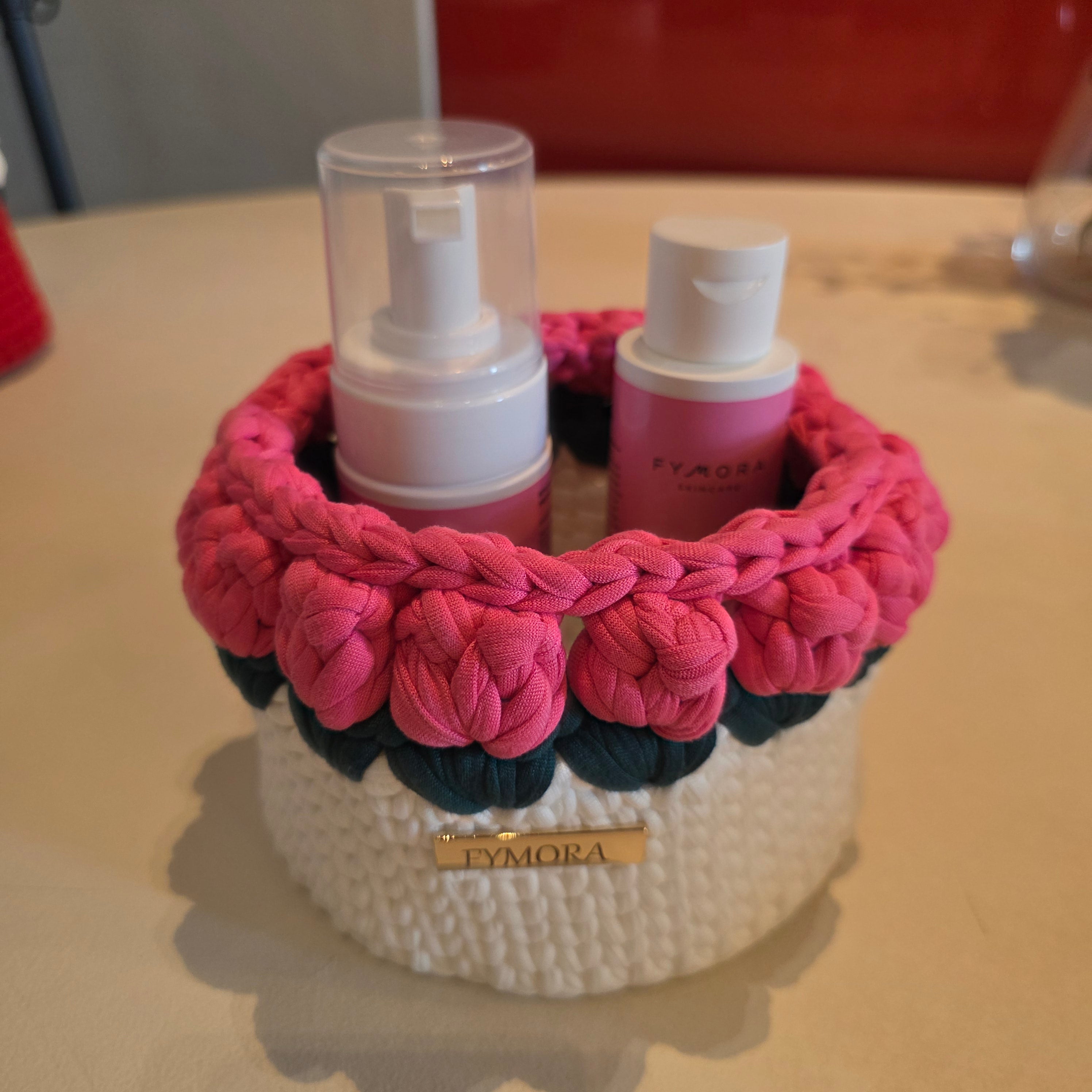 Cestino Organizer "Tulip Garden" – Handmade Panna e Rosa con Bordatura 3D