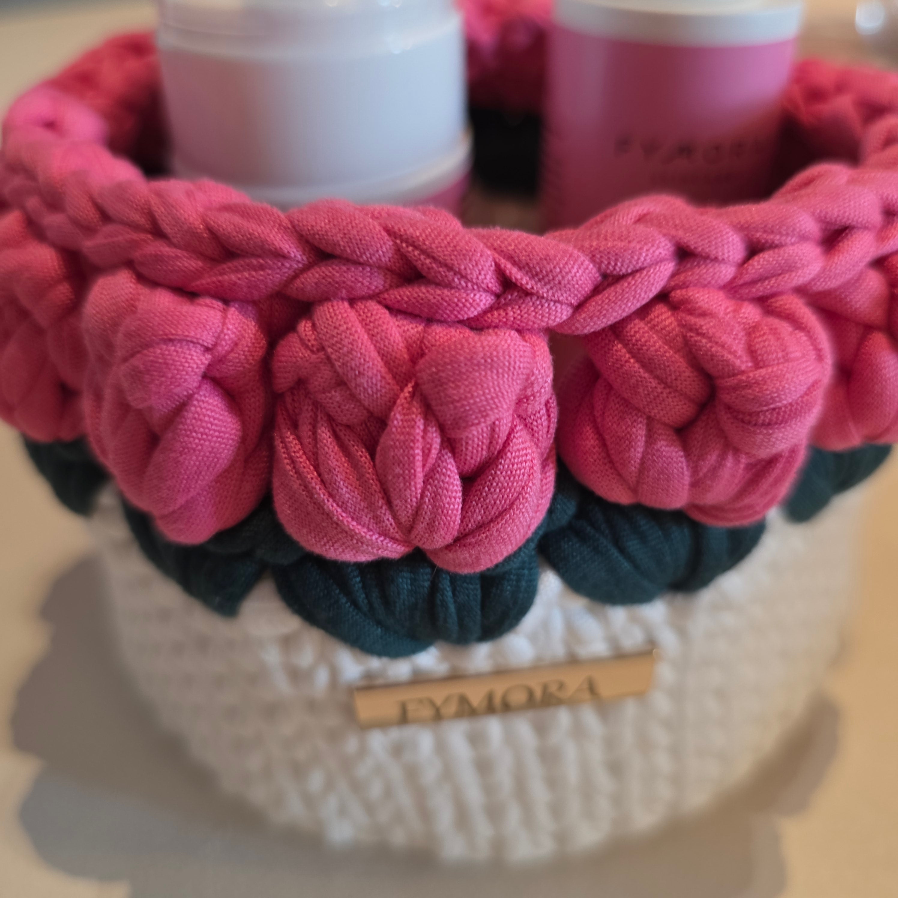 Cestino Organizer "Tulip Garden" – Handmade Panna e Rosa con Bordatura 3D