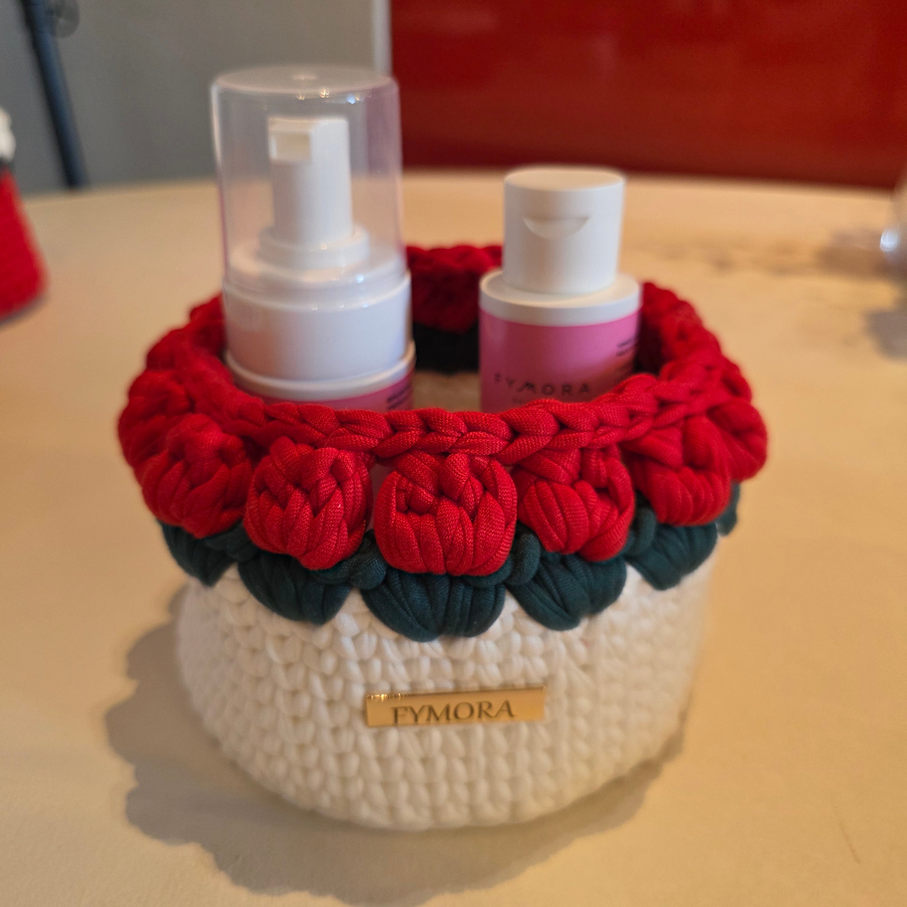 Cestino Organizer "Tulip Garden" – Handmade Panna e Rosso con Bordatura 3D