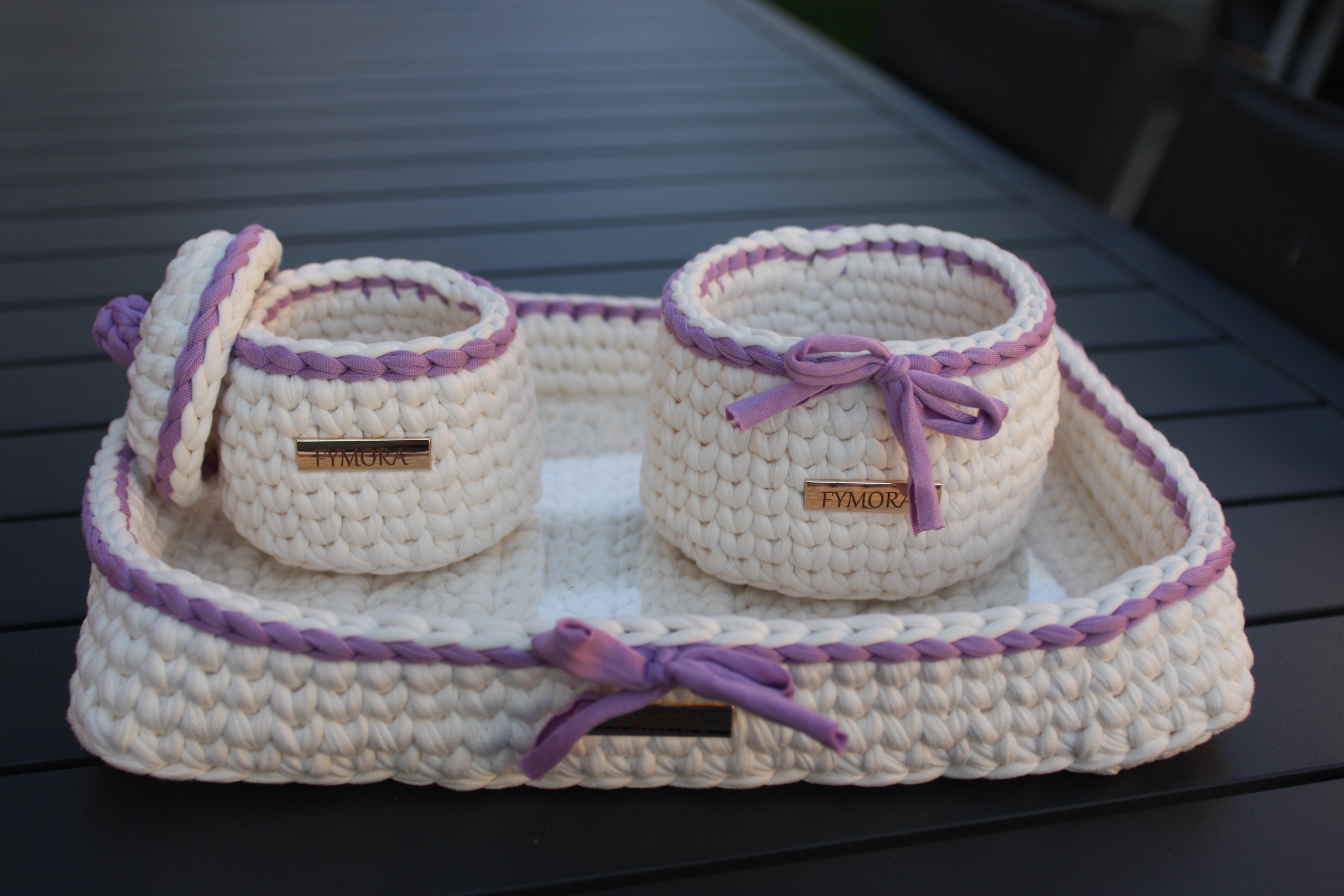 Set Vassoio da Bagno Organizzatore "Fymora Home" – Panna e Glicine (3 Pezzi)